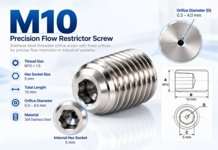 M10 precision flow restrictor screw with internal hex socket and fixed orifice