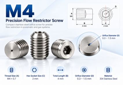 M4 hex socket flow restrictor screw with 0.3–1.5 mm orifice