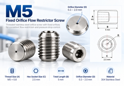 M5 stainless steel fixed orifice restrictor screw with M5 thread