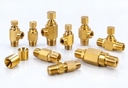 Brass flow restrictor valves and precision threaded flow control fittings for industrial applications