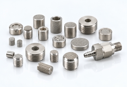 Sintered stainless steel porous flow restrictors, threaded inserts and flow control elements