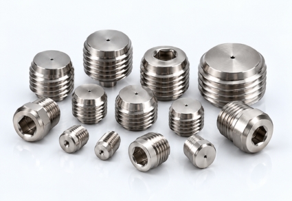 Stainless steel threaded fixed flow restrictor screws and plugs with precision orifices